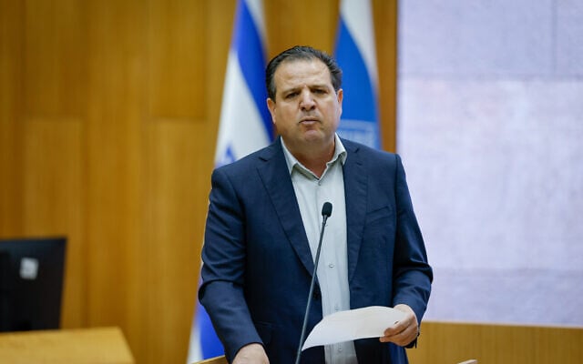 Hadash-Ta'al party chairman Ayman Odeh speaks in Knesset, Jerusalem, June 16, 2025. (Noam Moskowitz, Office of the Knesset Spokesperson)