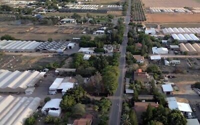 Moshav Pri Gan on the Gaza border, as seen in drone footage broadcast by Channel 13 news on October 30, 2023. (Screenshot: Channel 13)