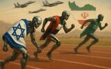 Prompt to DALL-E by Shoshanna Solomon: Image of a cyborg draped in an Israeli flag that falls behind in a race with two other cyborgs, one with the UAE flag and one with the Saudi Arabia flag, as Israeli warplanes and an Iranian flag appear in the background. (Shoshanna Solomon)