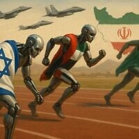 Prompt to DALL-E by Shoshanna Solomon: Image of a cyborg draped in an Israeli flag that falls behind in a race with two other cyborgs, one with the UAE flag and one with the Saudi Arabia flag, as Israeli warplanes and an Iranian flag appear in the background. (Shoshanna Solomon)