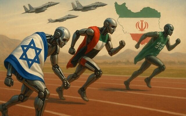 Prompt to DALL-E by Shoshanna Solomon: Image of a cyborg draped in an Israeli flag that falls behind in a race with two other cyborgs, one with the UAE flag and one with the Saudi Arabia flag, as Israeli warplanes and an Iranian flag appear in the background. (Shoshanna Solomon)