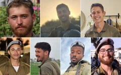 Top row, left to right: Lt. Matan Shai Yashinovski, Staff Sgt. Ronel Ben-Moshe, Sgt. Ronen Shapiro; Bottom row, left to right: Sgt. Maayan Baruch Pearlstein, Staff Sgt. Niv Radia, Sgt. Shahar Manoav, and Staff Sgt. Alon Davidov. The IDF announced that the seven soldiers were killed amid fighting in the southern Gaza Strip on June 24, 2025. (Israel Defense Forces)