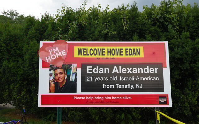 A billboard welcomes former Hamas hostage Edan Alexander back to his hometown of Tenafly, New Jersey, June 19, 2025. (Liri Agami/Flash90)