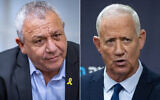 L: MK Gadi Eisenkot attends a National Unity faction meeting at the Knesset in Jerusalem, on May 26, 2025. (Noam Revkin Fenton/Flash90); R: National Unity Party Leader MK Benny Gantz leads a faction meeting at the Knesset in Jerusalem, on May 5, 2025. (Yonatan Sindel/Flash90)