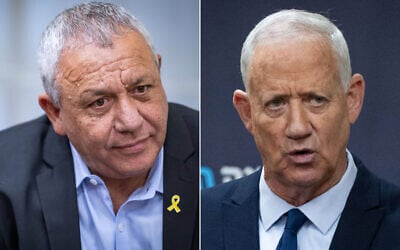 L: MK Gadi Eisenkot attends a National Unity faction meeting at the Knesset in Jerusalem, on May 26, 2025. (Noam Revkin Fenton/Flash90); R: National Unity Party Leader MK Benny Gantz leads a faction meeting at the Knesset in Jerusalem, on May 5, 2025. (Yonatan Sindel/Flash90)