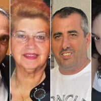 L to R: Michael Nahum, 61; Belina Ashkenazi, 94; Meir Vaknun, 56; Efrat Saranga, 44. All were killed when an Iranian ballistic missile hit a Bat Yam apartment building on June 15, 2025. (Social media, used in accordance with Clause 27a of the Copyright Law)