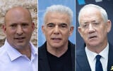 L to R: Former prime minister Naftali Bennett at the Western Wall in Jerusalem on May 26, 2025. (Yonatan Sindel/Flash90); Opposition Leader MK Yair Lapid at the Knesset in Jerusalem, on June 9, 2025. (Chaim Goldberg/Flash90); National Unity Party leader MK Benny Gantz leads a faction meeting at the Knesset in Jerusalem on June 9, 2025. (Chaim Goldberg/Flash90)