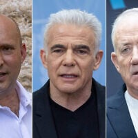 L to R: Former prime minister Naftali Bennett at the Western Wall in Jerusalem on May 26, 2025. (Yonatan Sindel/Flash90); Opposition Leader MK Yair Lapid at the Knesset in Jerusalem, on June 9, 2025. (Chaim Goldberg/Flash90); National Unity Party leader MK Benny Gantz leads a faction meeting at the Knesset in Jerusalem on June 9, 2025. (Chaim Goldberg/Flash90)