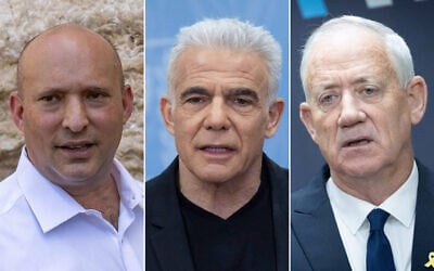 L to R: Former prime minister Naftali Bennett at the Western Wall in Jerusalem on May 26, 2025. (Yonatan Sindel/Flash90); Opposition Leader MK Yair Lapid at the Knesset in Jerusalem, on June 9, 2025. (Chaim Goldberg/Flash90); National Unity Party leader MK Benny Gantz leads a faction meeting at the Knesset in Jerusalem on June 9, 2025. (Chaim Goldberg/Flash90)