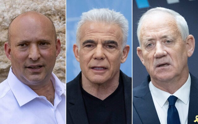 L to R: Former prime minister Naftali Bennett at the Western Wall in Jerusalem on May 26, 2025. (Yonatan Sindel/Flash90); Opposition Leader MK Yair Lapid at the Knesset in Jerusalem, on June 9, 2025. (Chaim Goldberg/Flash90); National Unity Party leader MK Benny Gantz leads a faction meeting at the Knesset in Jerusalem on June 9, 2025. (Chaim Goldberg/Flash90)
