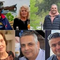 Top (L-R): Yaakov and Hadassah Belo, Uri Levy; Bottom (L-R): Daisy Yitzhaki, Dani Avraham, Igor Fradkin. All were killed in Iranian ballistic missile strikes on Petah Tikva and Haifa on June 16, 2025. (Social media, used in accordance with Clause 27a of the Copyright Law)