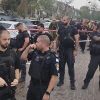 Policemen at the scene of a direct Iranian missile hit on residential buildings in Rishon Lezion, June 14, 2025. (Israel Police)