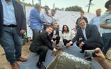 (From L-R) Finance Minister Bezalel Smotrich, Yesha Council chairman Yisrael Ganz, Transportation Minister Miri Regev and Likud MK Avichai Boaron at a ceremony marking the establishment of a new settlement in the southern West Bank called Mitzpe Ziv on June 10, 2025. (Courtesy)