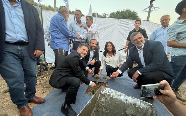 (From L-R) Finance Minister Bezalel Smotrich, Yesha Council chairman Yisrael Ganz, Transportation Minister Miri Regev and Likud MK Avichai Boaron at a ceremony marking the establishment of a new settlement in the southern West Bank called Mitzpe Ziv on June 10, 2025. (Courtesy)