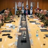 Defense Minister Israel Katz, center right, meets with IDF Chief of Staff Lt. Gen. Eyal Zamir, center left, and members of the military's top brass ahead of the Israeli operation against Iran's nuclear program, June 13, 2025. (Defense Ministry)