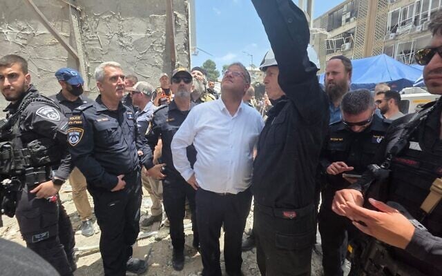 National Security Minister Itamar Ben Gvir tours the scene of a deadly Iranian missile strike in the city of Bat Yam on June 15, 2025 (National Security Ministry) National Security Minister Itamar Ben Gvir tours the scene of a deadly Iranian missile strike in the city of Bat Yam on June 15, 2025 (National Security Ministry)