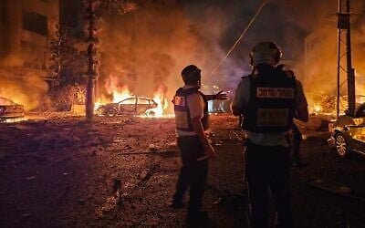 Flames erupt after an Iranian missile attack in Haifa, northern Israel, June 15, 2025. (Magen David Adom)