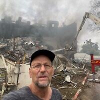 Prof. Eldad Tzahor from the Weizmann Institute of Science in Rehovot visits the site where his lab used to stand after it suffered a direct hit from an Iranian missile on June 15, 2025. (Courtesy)