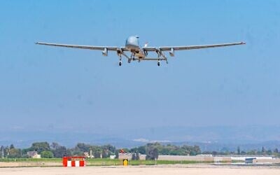 An Israeli Air Force IAI Eitan drone is seen landing following operations in Iran at an airbase in Israel, in a handout photo published June 22, 2025. (Israel Defense Forces)