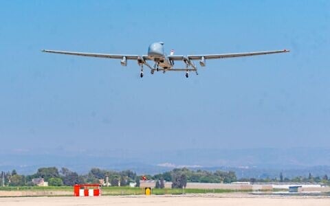 An Israeli Air Force IAI Eitan drone is seen landing following operations in Iran at an airbase in Israel, in a handout photo published June 22, 2025. (Israel Defense Forces)