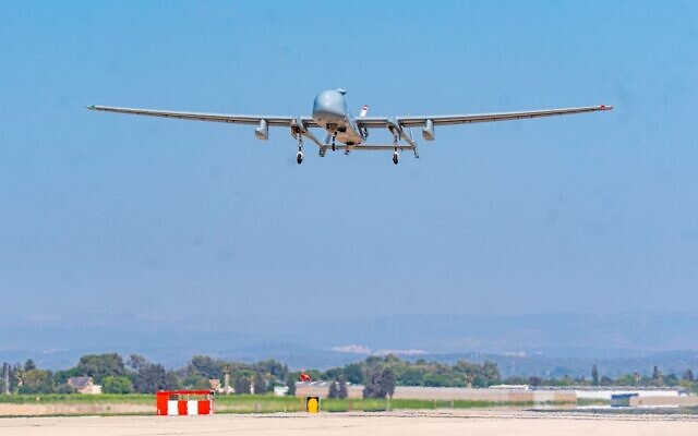 An Israeli Air Force IAI Eitan drone is seen landing following operations in Iran at an airbase in Israel, in a handout photo published June 22, 2025. (Israel Defense Forces) An Israeli Air Force IAI Eitan drone is seen landing following operations in Iran at an airbase in Israel, in a handout photo published June 22, 2025. (Israel Defense Forces)