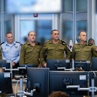 L-R: Planning Directorate chief Vice Adm. Eyal Harel, IAF chief Maj. Gen. Tomer Bar, Operations Directorate chief Maj. Gen. Oded Basiuk, IDF Chief of Staff Lt. Gen. Eyal Zamir, Intelligence Directorate chief Maj. Gen. Shlomi Binder, and Operations Division chief Brig. Gen. Yisrael Shomer, at the IDF's underground command center, early June 22, 2025. (Israel Defense Forces)