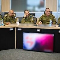 L-R: Intelligence Directorate chief Maj. Gen. Shlomi Binder, Deputy Chief of Staff Maj. Gen. Tamir Yadai, Assistant to the Chief of Staff Col. Alon Laniado, IDF Chief of Staff Lt. Gen. Eyal Zamir, and Operations Directorate chief Maj. Gen. Oded Basiuk, during an assessment at the IDF's underground command center, June 24, 2025. (Israel Defense Forces)