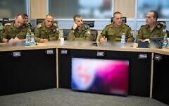 L-R: Intelligence Directorate chief Maj. Gen. Shlomi Binder, Deputy Chief of Staff Maj. Gen. Tamir Yadai, Assistant to the Chief of Staff Col. Alon Laniado, IDF Chief of Staff Lt. Gen. Eyal Zamir, and Operations Directorate chief Maj. Gen. Oded Basiuk, during an assessment at the IDF's underground command center, June 24, 2025. (Israel Defense Forces)