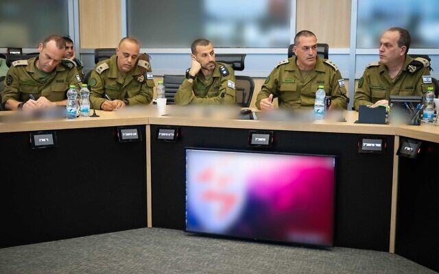 L-R: Intelligence Directorate chief Maj. Gen. Shlomi Binder, Deputy Chief of Staff Maj. Gen. Tamir Yadai, Assistant to the Chief of Staff Col. Alon Laniado, IDF Chief of Staff Lt. Gen. Eyal Zamir, and Operations Directorate chief Maj. Gen. Oded Basiuk, during an assessment at the IDF's underground command center, June 24, 2025. (Israel Defense Forces)