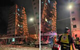 Damage seen in a building in Bat Yam following an Iranian missile barrage, early June 15, 2025. (Image at left used in accordance with clause 27a of the copyright law; image at right: Magen David Adom)