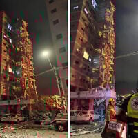Damage seen in a building in Bat Yam following an Iranian missile barrage, early June 15, 2025. (Image at left used in accordance with clause 27a of the copyright law; image at right: Magen David Adom)