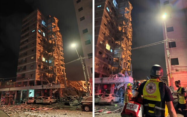 Damage seen in a building in Bat Yam following an Iranian missile barrage, early June 15, 2025. (Image at left used in accordance with clause 27a of the copyright law; image at right: Magen David Adom)