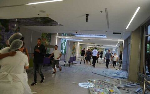 The aftermath of an Iranian missile strike on Beersheba's Soroka Medical Center, June 19, 2025 (Emanuel Fabian/Times of Israel)