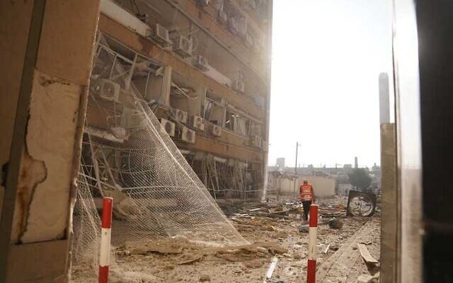 The aftermath of an Iranian missile strike on Beersheba's Soroka Medical Center, June 19, 2025 (Emanuel Fabian/Times of Israel)