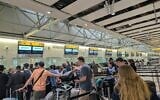 Stranded Israelis wait in a standby queue at Heathrow Airport in London to try and get seats on an El Al flight departing for Tel Aviv, on June 25, 2025. (Courtesy)