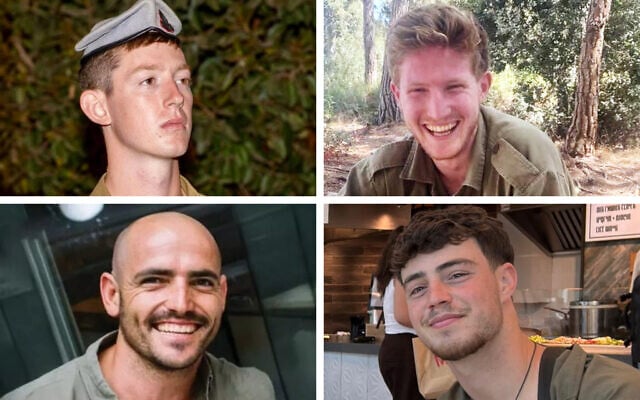 Clockwise from top left: IDF soldiers Staff Sgt. Yoav Raver, Staff Sgt. Uri Yhonatan Cohen, Sgt. First Class Tom Rotstein, and Sgt. Maj. (res.) Chen Gross, who were killed in Gaza on June 6, 2025. (Israel Defense Forces)