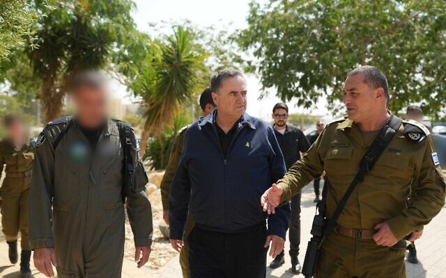 Defense Minister Israel Katz (center) and IDF Chief of Staff Lt. Gen. Eyal Zamir visit the Nevatim Airbase in southern Israel, June 10, 2025. (Elad Malka/Defense Ministry) Defense Minister Israel Katz (center) and IDF Chief of Staff Lt. Gen. Eyal Zamir visit the Nevatim Airbase in southern Israel, June 10, 2025. (Elad Malka/Defense Ministry)