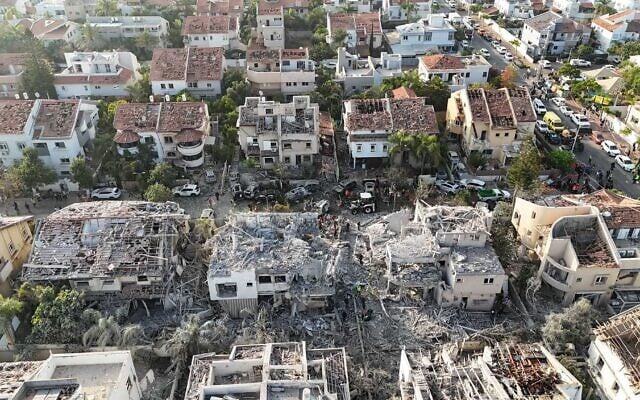 The damage seen in Rishon Lezion a day after a ballistic missile attack from Iran, June 14, 2025 (Rishon Lezion Municipality drone team)