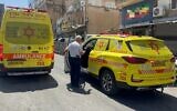 Magen David Adom paramedics at the scene of a fatal stabbing in Netanya on June 5, 2025. (Magen David Adom)
