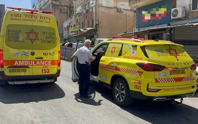 Magen David Adom paramedics at the scene of a fatal stabbing in Netanya on June 5, 2025. (Magen David Adom)
