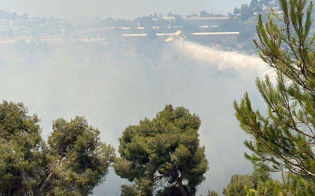 A firefighting plane drops water on a brushfire in northern Israel on June 5, 2025. (Fire and Rescue Service spokesperson)