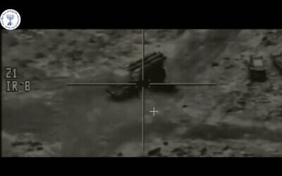 Screenshot from footage released by the Mossad showing strikes carried out by commandos of the Israeli spy agency on Iranian air defenses in Iran, June 13, 2025. (Mossad screenshot)