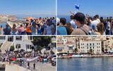 Footage posted to social media shows a large anti-Israel, pro-Palestinian protest that prevented hundreds of Israelis from disembarking a cruise ship at the Greek island of Syros, July 22, 2025. (X; used in accordance with article 27a of the Copyright Law)