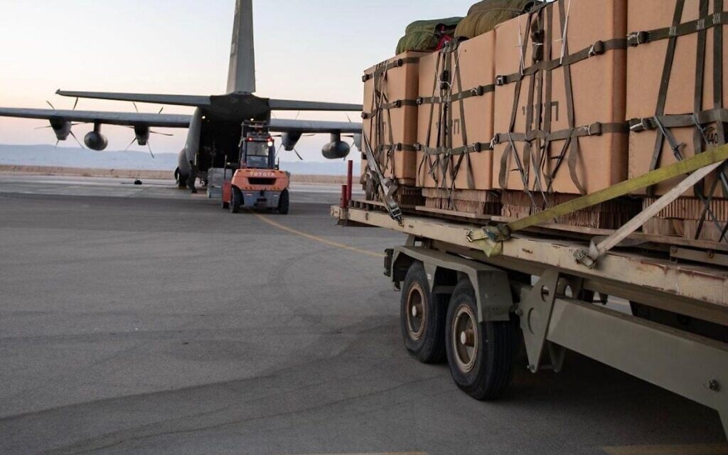 Boxes of humanitarian aid seen before they were loaded onto an Israeli Air Force plane ahead of an airdrop in the Gaza Strip, July 26, 2025. (IDF)