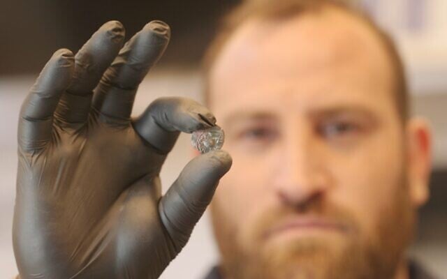 Yanniv David Levy, a researcher and curator in the Israel Antiquities Authority’s Coin Department, holds a bronze coin minted in the fourth year of the Jewish Great Revolt against the Romans (69-70 CE) found during excavations in the Jerusalem Archaeological Garden – Davidson Center in July 2025. (Emil Aladjem/Israel Antiquities Authority)