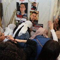 Hostage families and mothers praying at Rachel’s Tomb in Bethlehem in the West Bank in November 2024. (David Weill)