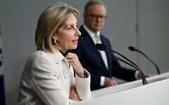 Australia's Special Envoy to Combat Antisemitism Jillian Segal (left) and Prime Minister Anthony Albanese speak to media during a press conference at the Commonwealth Parliamentary Offices in Sydney, July 10, 2025. (AAP Image / Dan Himbrechts / Reuters)
