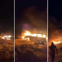 Footage posted to social media showing cars that were allegedly set ablaze by Israeli settlers, on the outskirts of the West Bank Palestinian village of Burqa, July 14, 2025. (X: Used in accordance with Clause 27a of the Copyright Law)