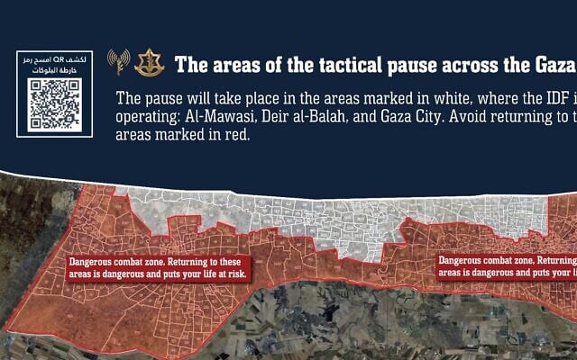 This infographic, published by the IDF on July 27, 2025, shows the areas where humanitarian pauses will take place in the Gaza Strip. (Israel Defense Forces)