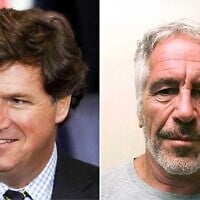 Left to right: Tucker Carlson attends the United States Capitol in Washington, DC, on January 20, 2025. (Pool/Getty Images North America/AFP); a photo provided by the New York State Sex Offender Registry shows disgraced financier Jeffrey Epstein, March 28, 2017. (New York State Sex Offender Registry via AP)